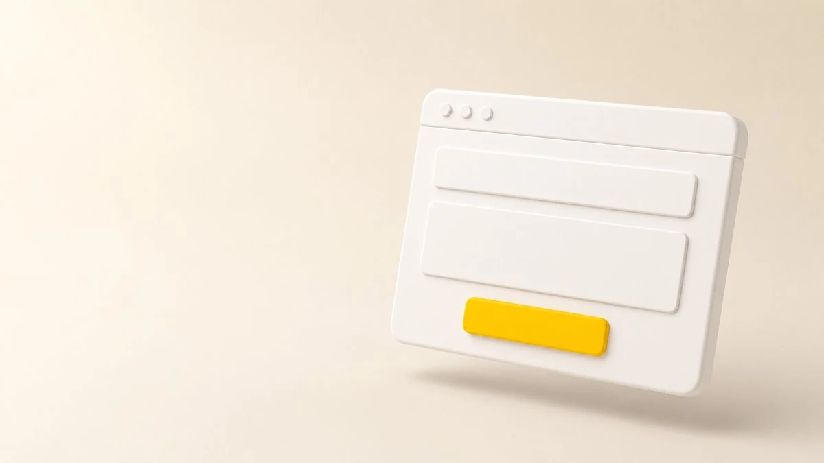 Minimal 3D browser window mockup with a single amber call-to-action button on a soft cream background.