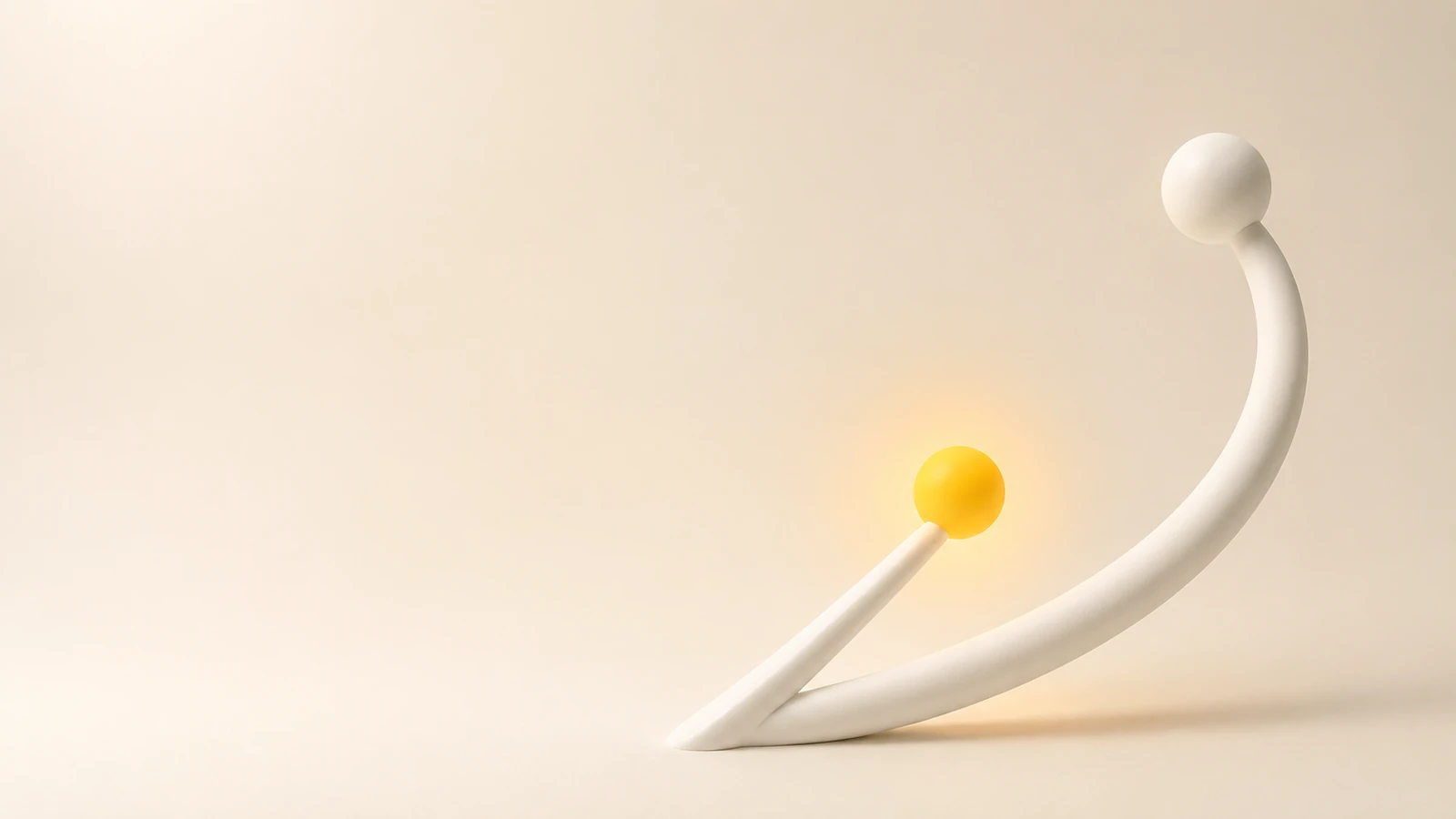 Minimalist 3D illustration of two matte white paths diverging from one starting point, with a glowing amber sphere on the shorter path and a white sphere at the end of the longer curved path.