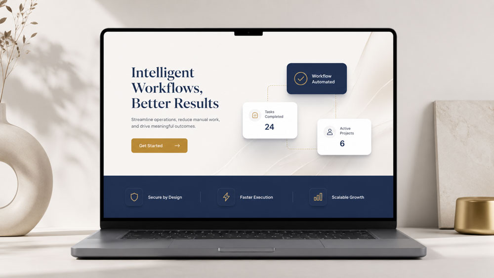 A sleek laptop sitting on a minimalist desk, displaying a modern landing page design. The screen features the headline "Intelligent Workflows, Better Results" above a "Get Started" button, alongside floating UI cards showing stats like "Workflow Automated," "24 Tasks Completed," and "6 Active Projects." A dark blue footer bar highlights three benefits: "Secure by Design," "Faster Execution," and "Scalable Growth." The laptop is surrounded by subtle aesthetic decor, including a ceramic vase with dried branches and simple geometric objects.
