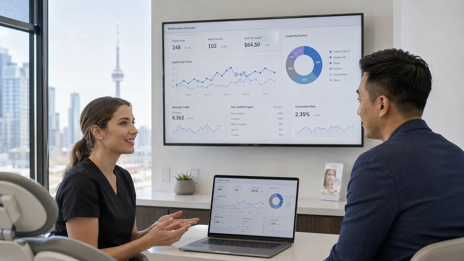 Two people discuss dental marketing analytics on a laptop and large screen at a Toronto clinic consultation
