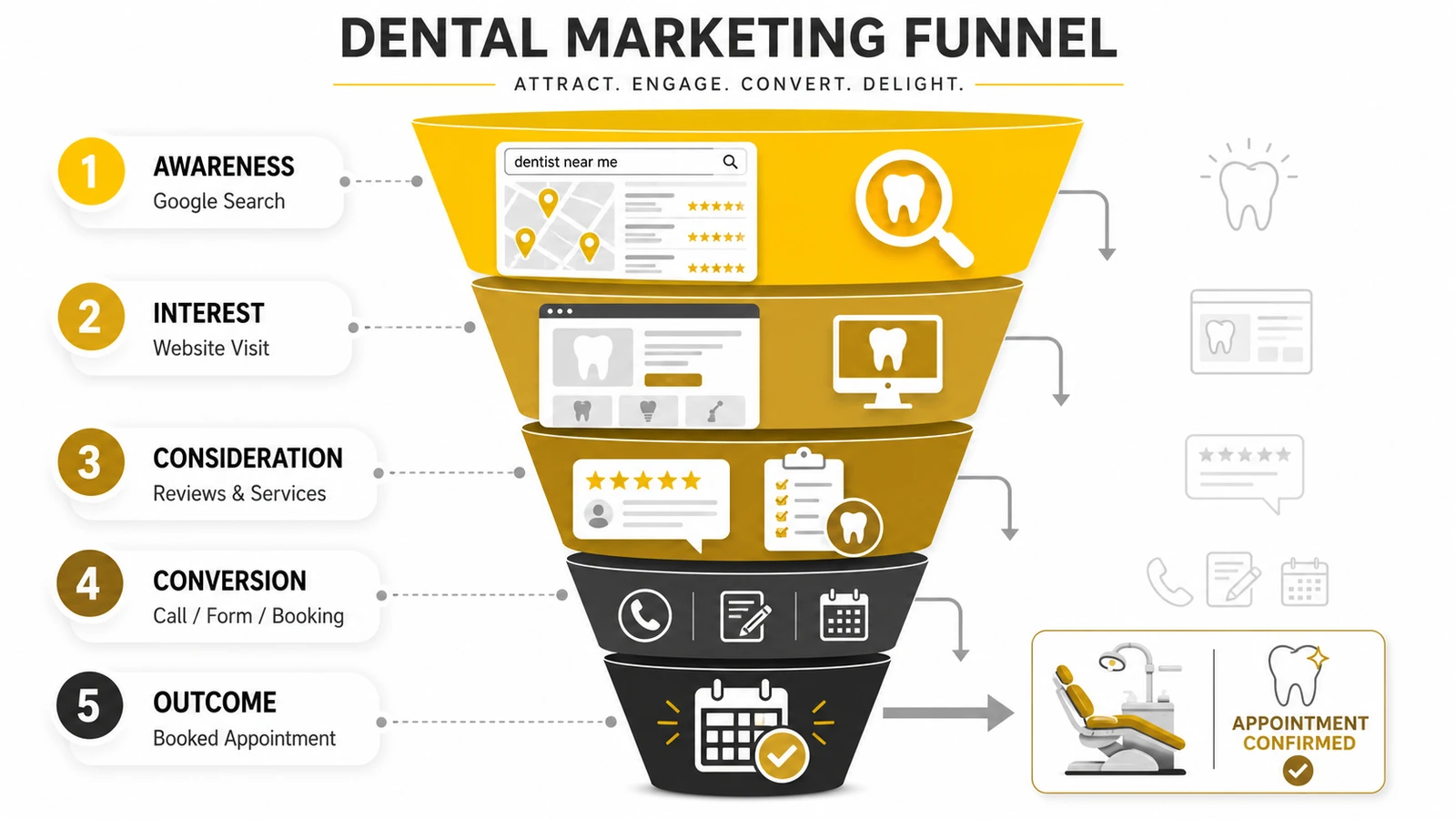 Dental marketing funnel showing awareness, interest, consideration, conversion, and outcome for Toronto clinics