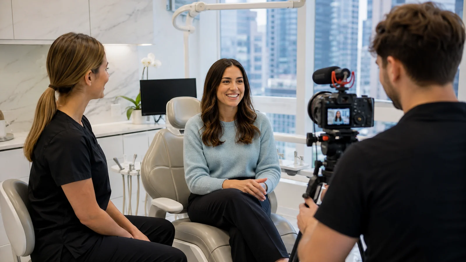 A woman smiles while being filmed by a man in a dental office, capturing authentic testimonial content for dental marketing