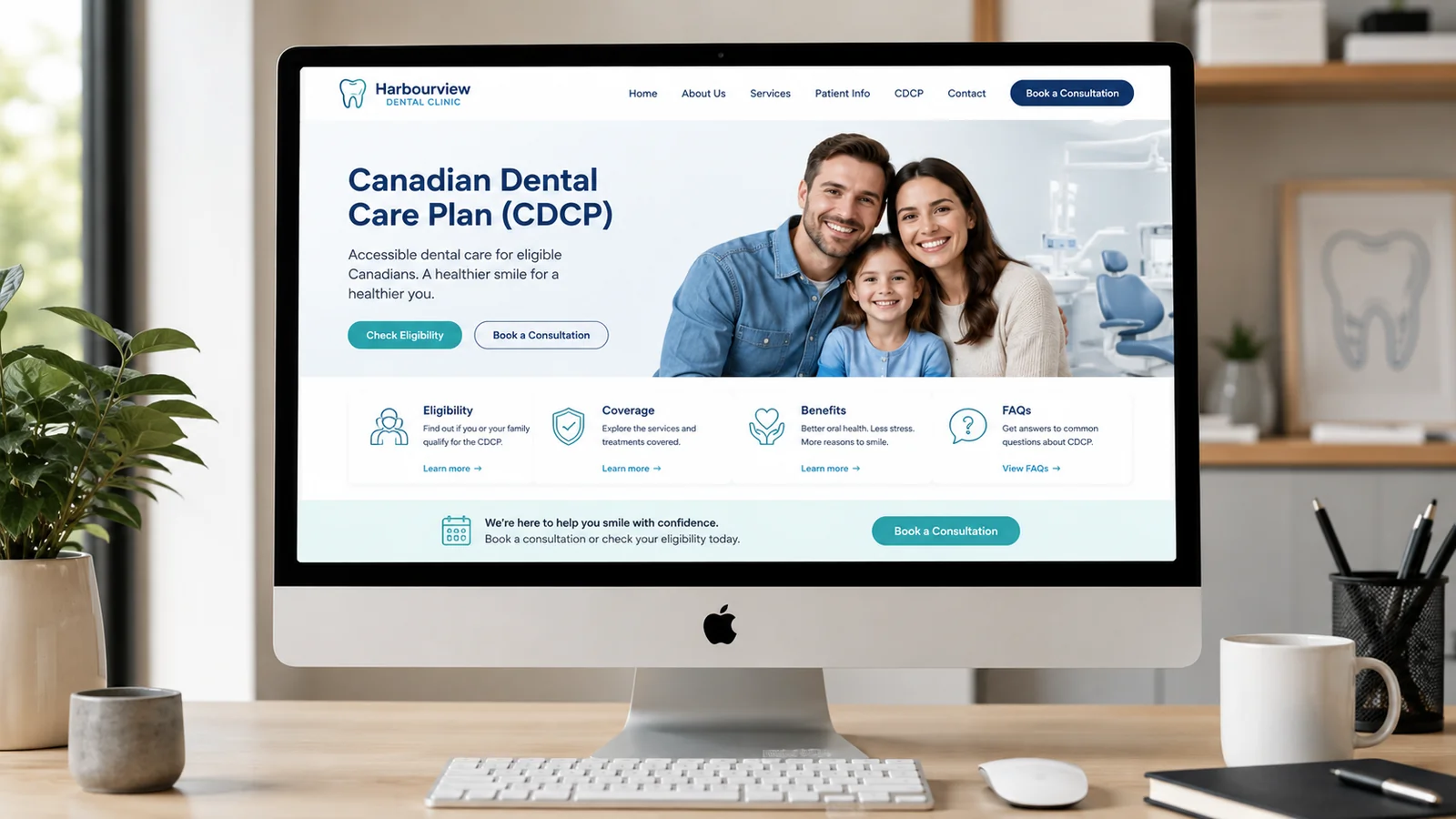 Dental clinic website displayed on an iMac showing a dedicated CDCP information page, reflecting how GTA clinics present Canada Dental Care Plan coverage online