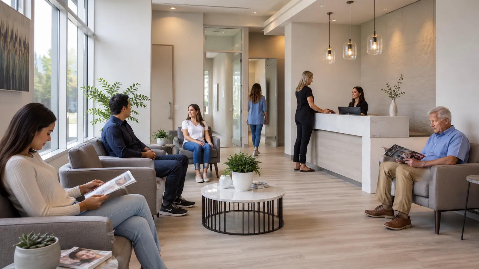 Modern dental clinic reception and waiting area with patients comfortably seated, reflecting a welcoming environment for CDCP and private-pay patients alike