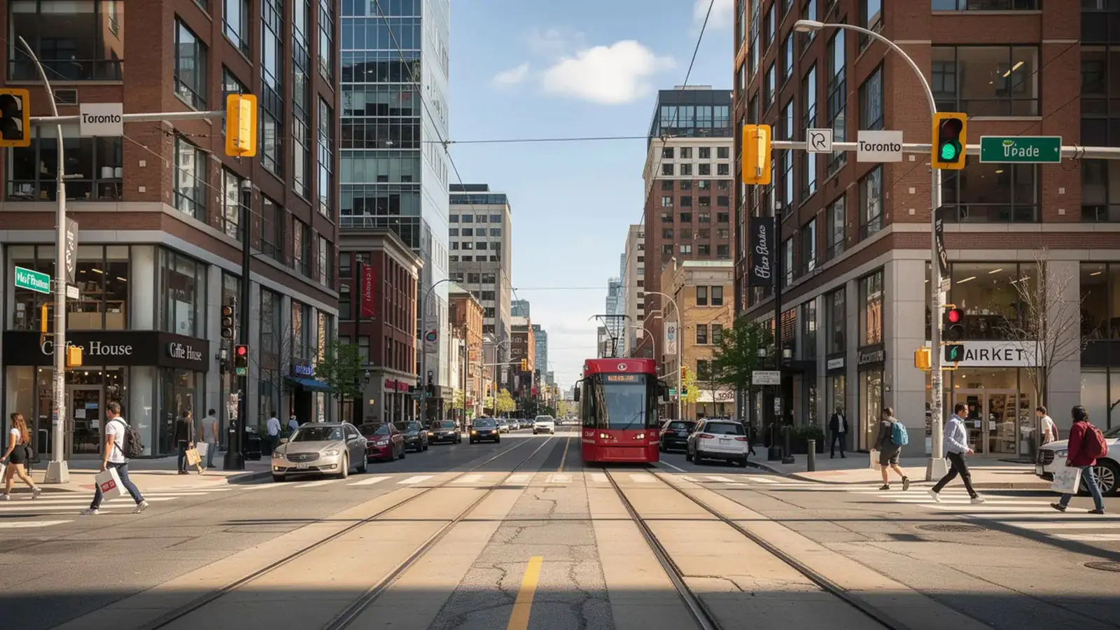 Busy downtown Toronto intersection with pedestrians and commercial storefronts, representing the competitive local market where GTA businesses use Google Ads management to attract qualified leads