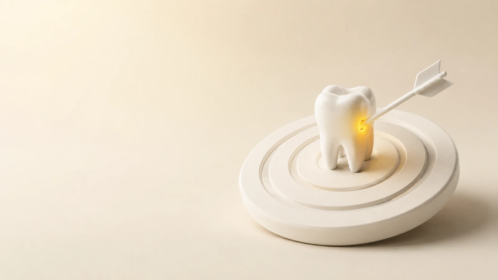 Minimalist 3D illustration of an arrow striking the centre of a target beside a white tooth, representing precision keyword targeting in Google Ads campaigns for Canadian dental clinics.
