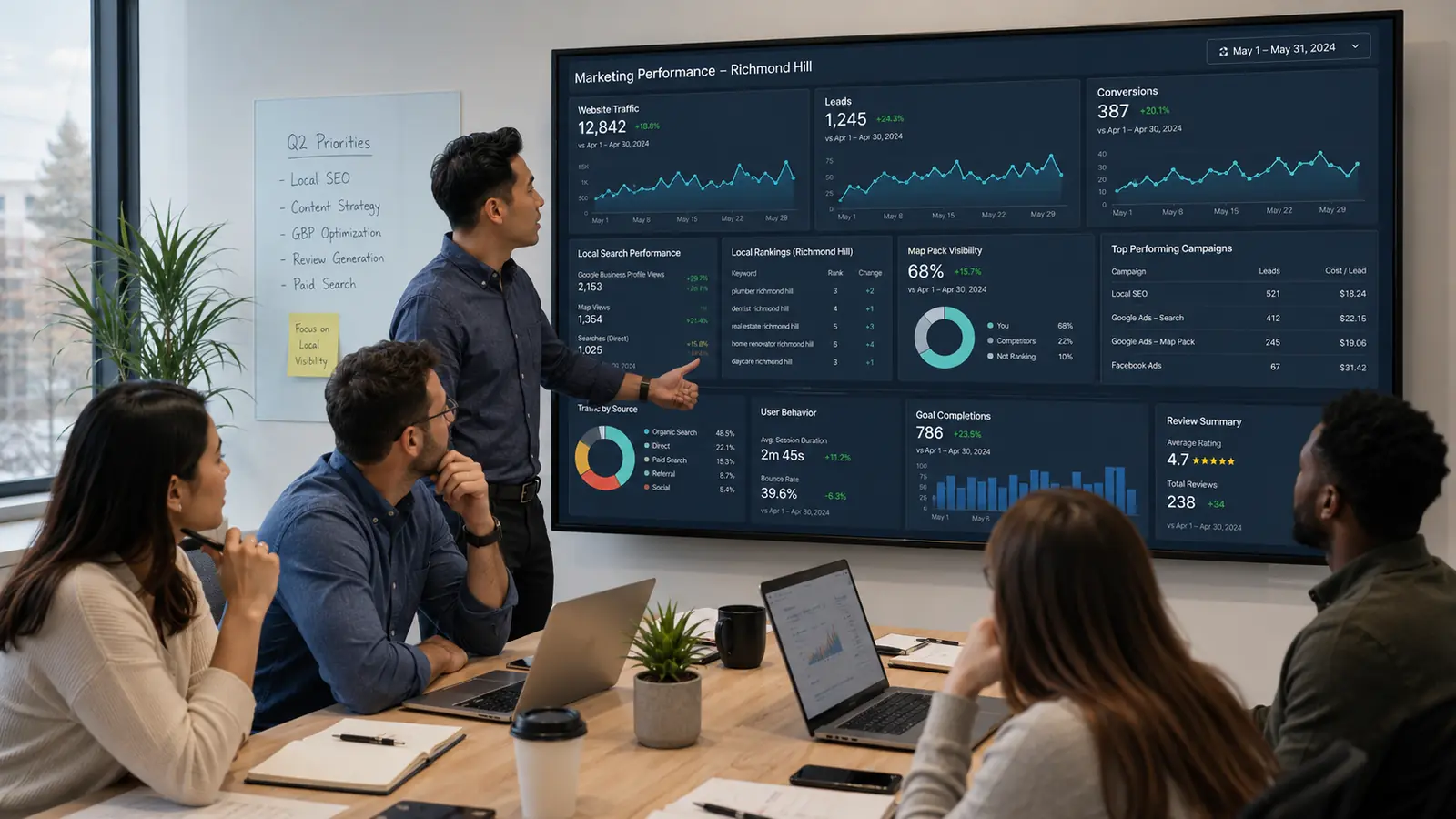 A marketing team gathered in a modern office reviewing an analytics dashboard — focused on data-driven digital marketing strategies and measurable results for local Richmond Hill businesses