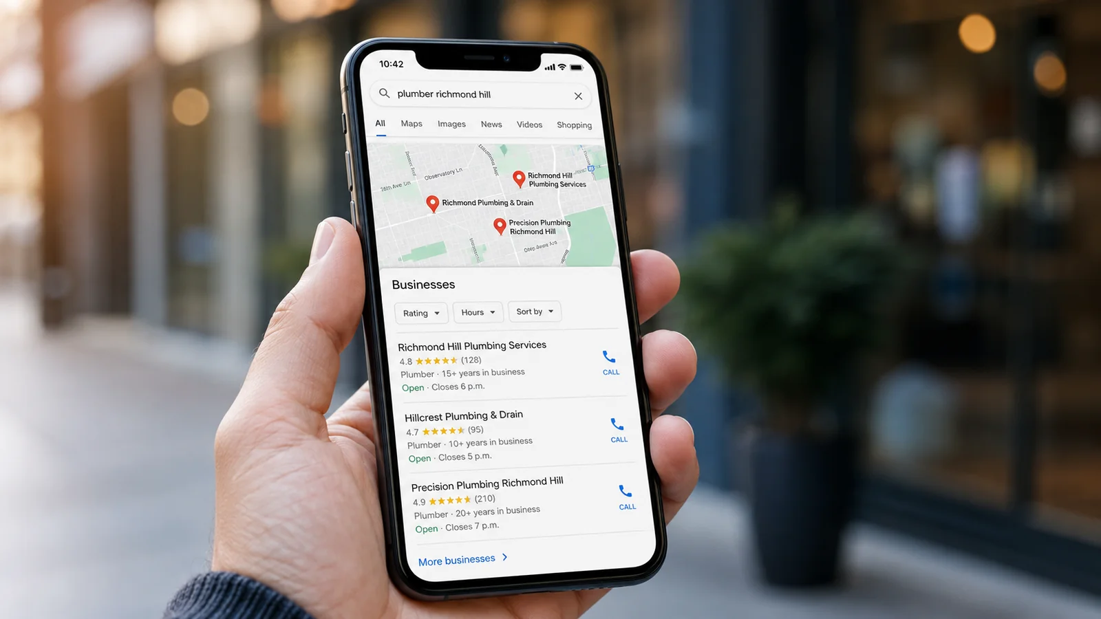 A person holding a smartphone showing local search results with a map and business listings — highlighting the importance of local search visibility for Richmond Hill businesses
