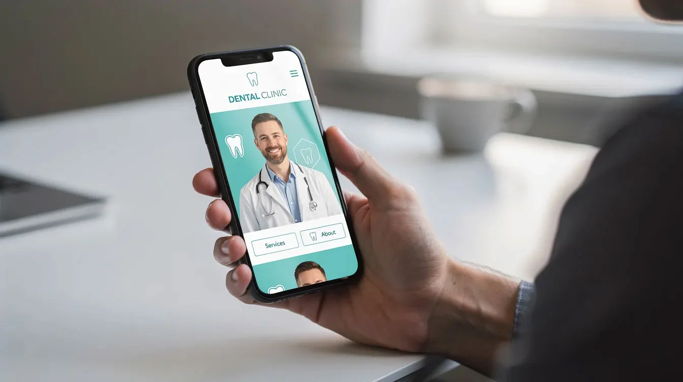 Person using a smartphone to browse a dental clinic website, illustrating the mobile-first conversion audit every dental practice should run on its own site
