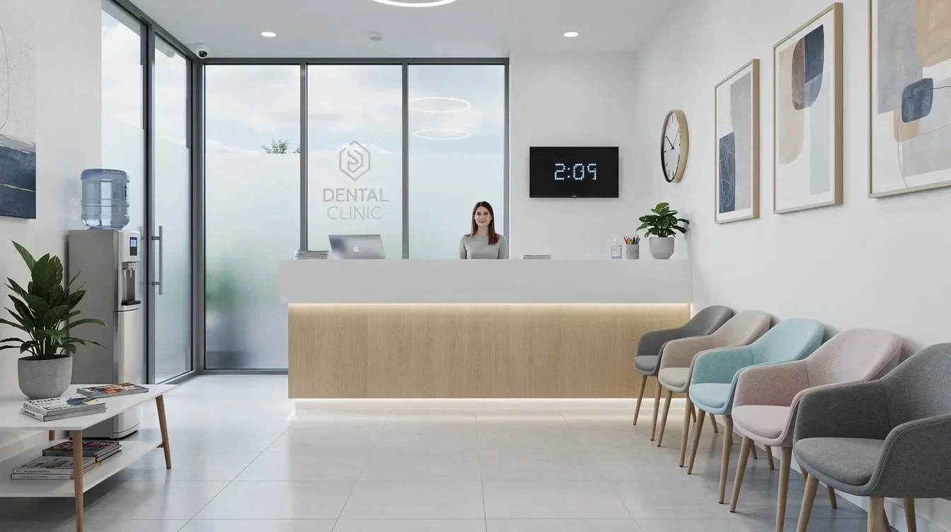 Modern dental clinic reception area with a sleek front desk and comfortable waiting chairs, reflecting why generic dental marketing fails to produce a steady flow of patients