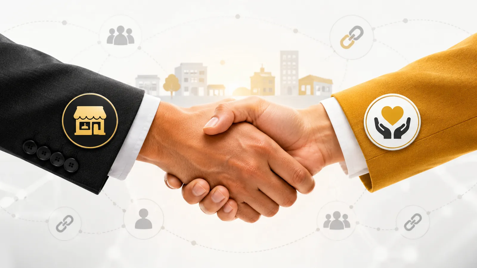 Two people shaking hands, one with a store icon, the other with a heart icon.