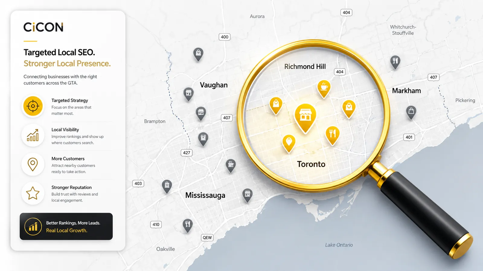 Magnifying glass over Toronto map showing local SEO benefits for businesses.