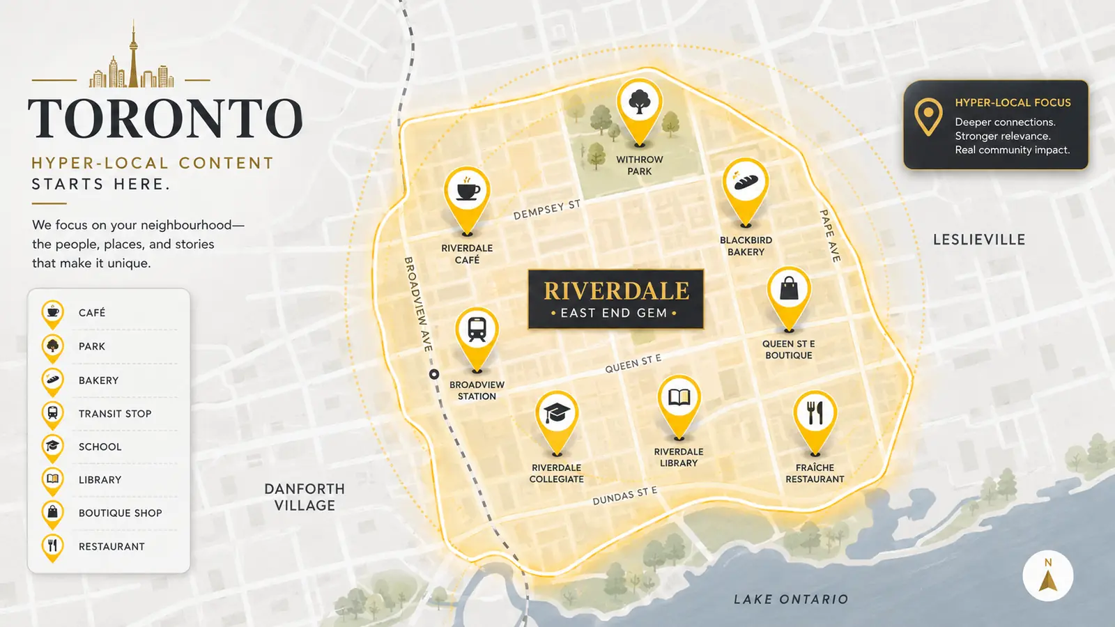 Map of Toronto's Riverdale neighborhood highlighting local businesses and landmarks.