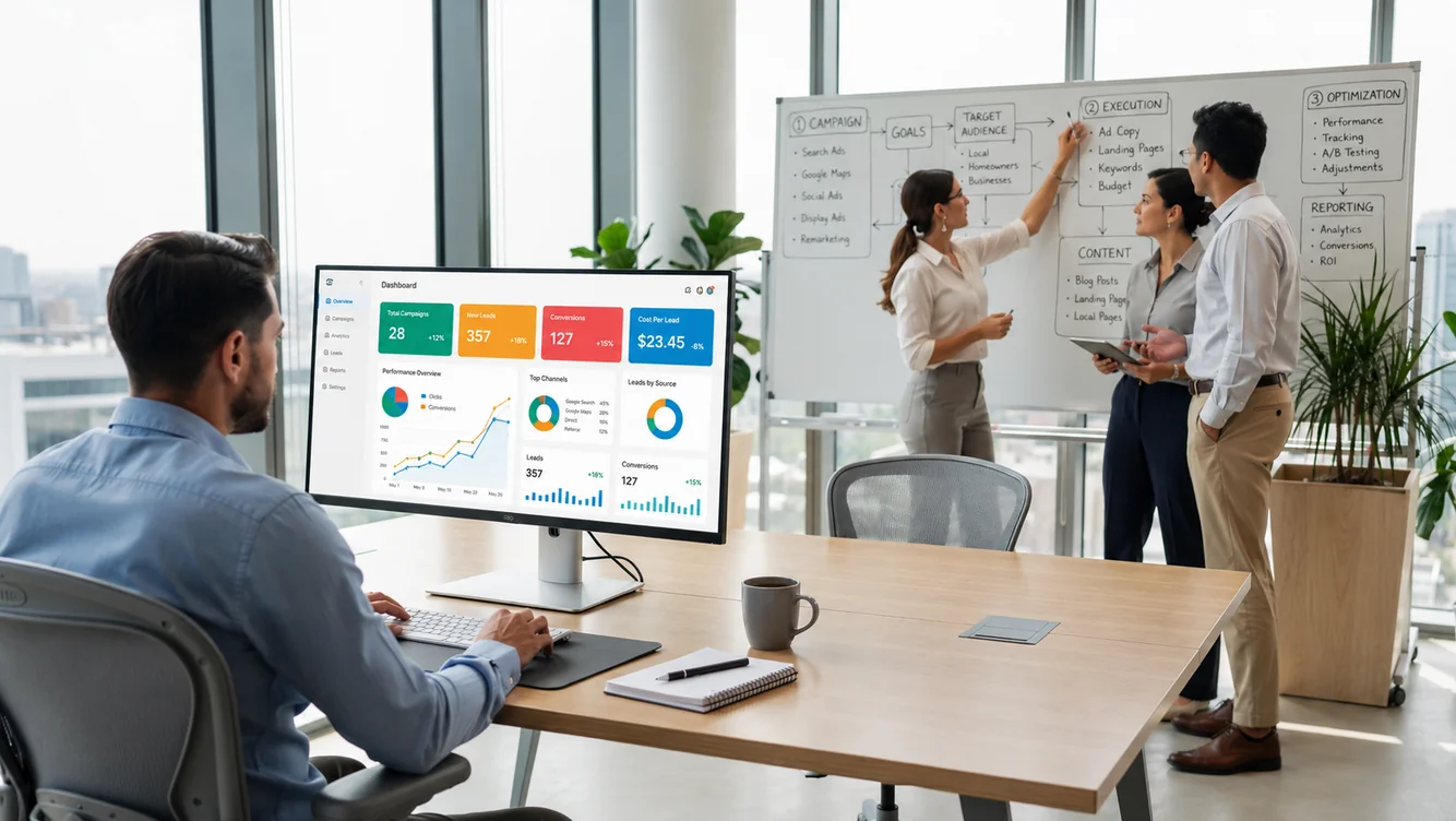 Business owner comparing Meta Ads performance versus in-house marketing strategy on office screens in 2026
