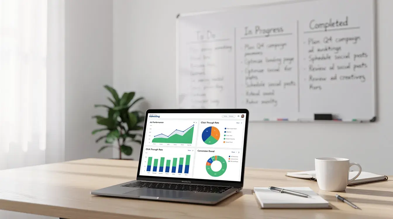 Meta Ads Manager dashboard with campaign metrics beside in-house marketing planning ideas on a whiteboard