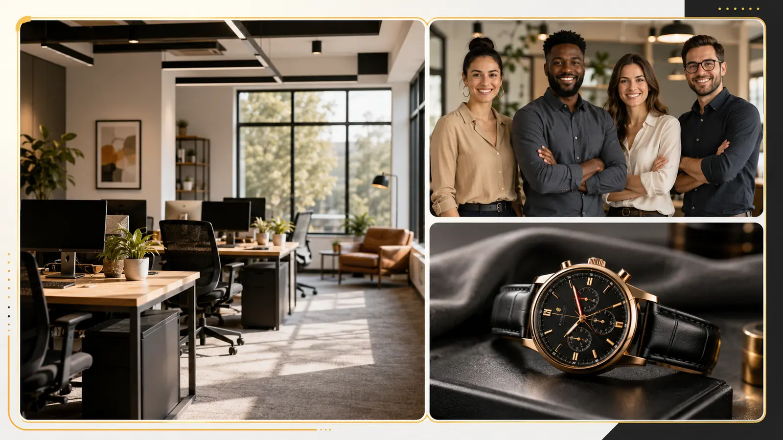 Grid of professional business photos for a Google Business Profile showing office interior, team portrait, and product close-up